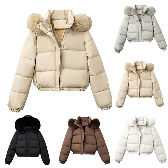 Women Cropped Winter Puffer Coat, Solid‑Color Fuzzy‑Lined Quilted Hooded Zip‑Snap Casual Outerwear With Side Pockets for Cold Weather Travel
