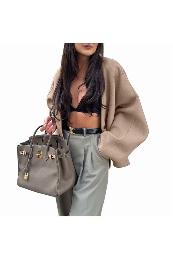 Women Cropped Wool Blend Pea Coat Jacket Long Sleeve V Neck Button Down Fall Outerwear with Pockets Camel L