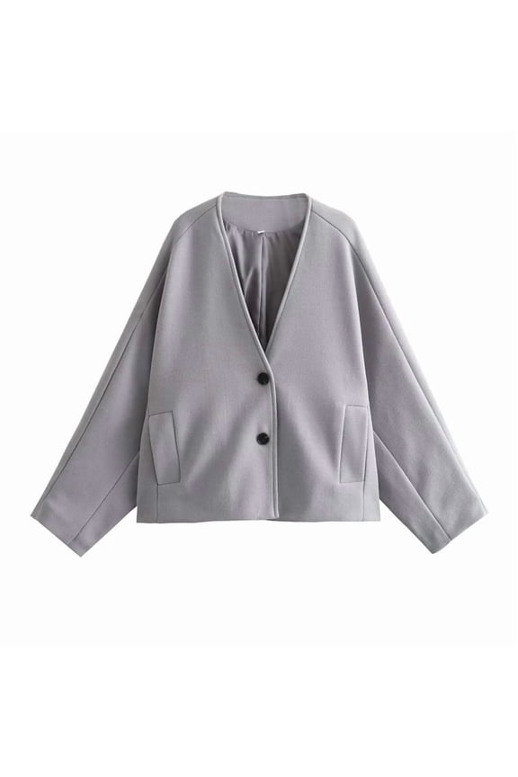 Women Cropped Wool Blend Pea Coat Jacket Long Sleeve V Neck Button Down Fall Outerwear with Pockets Light Gray L