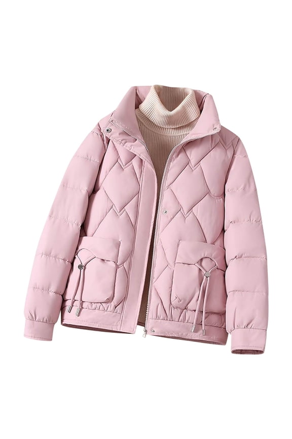 Women Cropped Wool Jacket Lapel V Neck Quilted Coat Argyle Outwear Thicken Warm Parka Zip Up Garments Fall Fashion Clothing Trendy Soft Overcoat with Pockets
