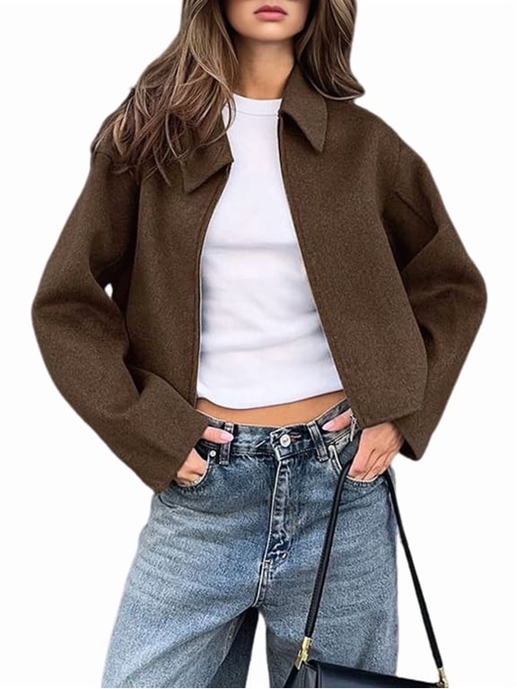 Women Cropped Wool Jacket Warm Winter Fleece Jacket Zip Up Short Pea Coats with Pockets Brown S
