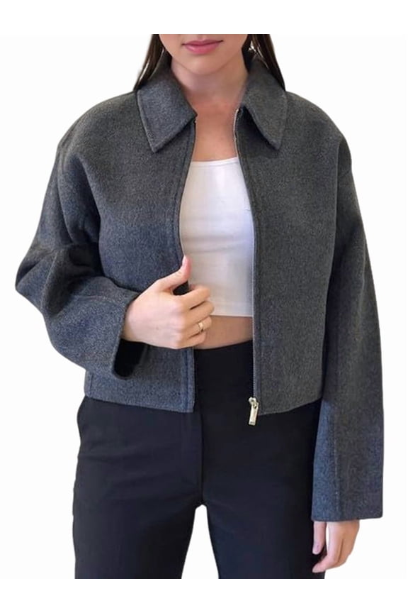 Women Cropped Wool Jacket Warm Winter Fleece Jacket Zip Up Short Pea Coats with Pockets Dark Gray S