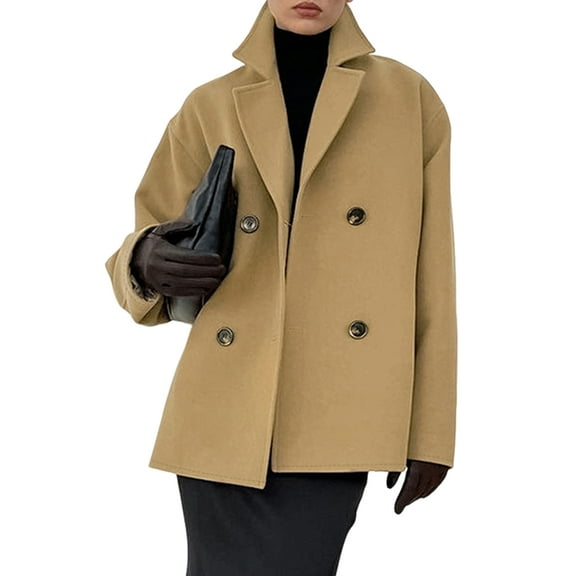 Women Cropped Wool Pea Coats Notched Lapel Double Breasted Crop Woolen Trench Coat Short Jackets with Pockets Brown L