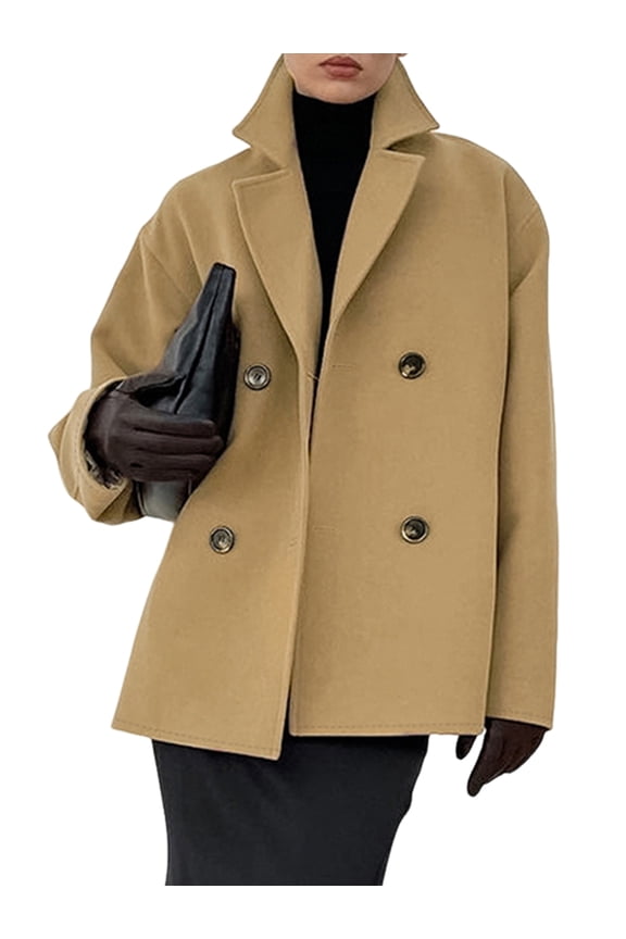 Women Cropped Wool Pea Coats Notched Lapel Double Breasted Crop Woolen Trench Coat Short Jackets with Pockets Brown L