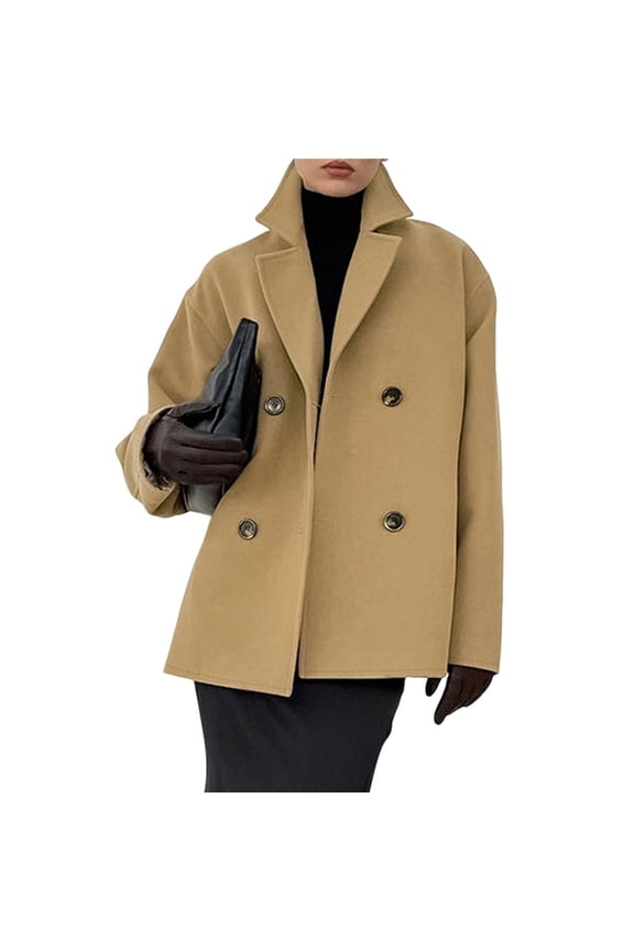 Women Cropped Wool Pea Coats Notched Lapel Double Breasted Crop Woolen Trench Coat Short Jackets with Pockets Brown M