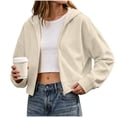 thumbnail image 1 of Women Cropped Zip Up Hooded Jacket, Solid Color Long Sleeve Drop Shoulder Casual Outerwear Layering Coat S‑XXL Beige L(L), 1 of 9