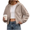thumbnail image 1 of Women Cropped Zip Up Hooded Jacket, Solid Color Long Sleeve Drop Shoulder Casual Outerwear Layering Coat S‑XXL Coffee L(L), 1 of 9