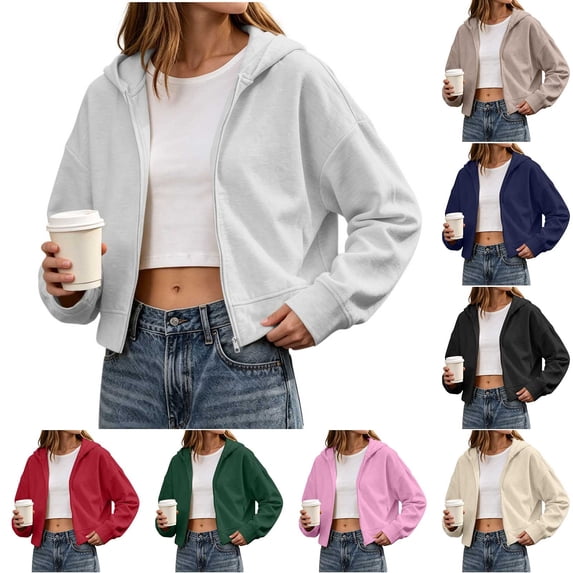 Women Cropped Zip Up Hooded Jacket, Solid Color Long Sleeve Drop Shoulder Casual Outerwear Layering Coat S‑XXL Gray XL(XL)