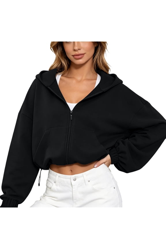 Women Cropped Zip Up Hoodie Long Sleeve Drawstring Hooded Sweatshirt Athletic Jacket with Kangaroo Pocket Black
