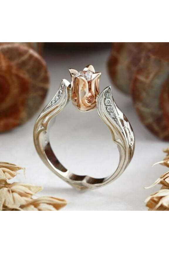 Women Cross Flower Rose Gold Rhinestone Birthstone Ring