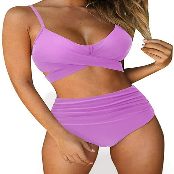 Women's Sexy Bikini Swimsuits, Women's High Waisted Bandage Bikini Set Wrap 2 Piece Push Up Swimsuits, Front Corss and Back Tie Knot (Purple,Small)