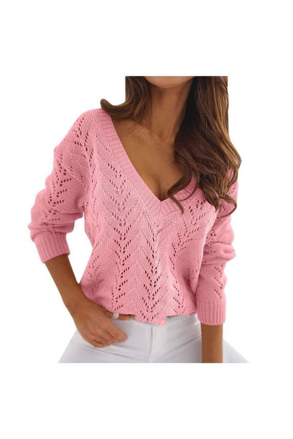 New Women Cross-border Autumn Solid Color Mocha Cutout V-neck Casual Knitwear Sweater