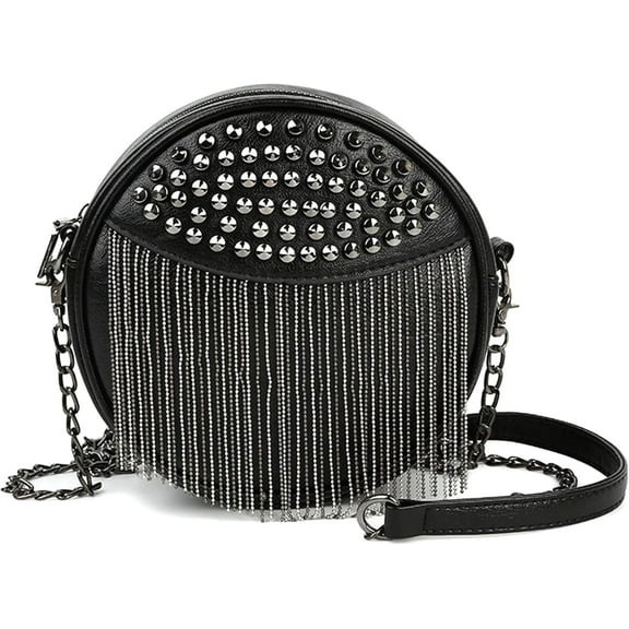 Women Crossbody Handbag Purse Small Rivets Studded Tassel Shoulder Bag Clutch Gothic Punk Rock Party Funky Bag