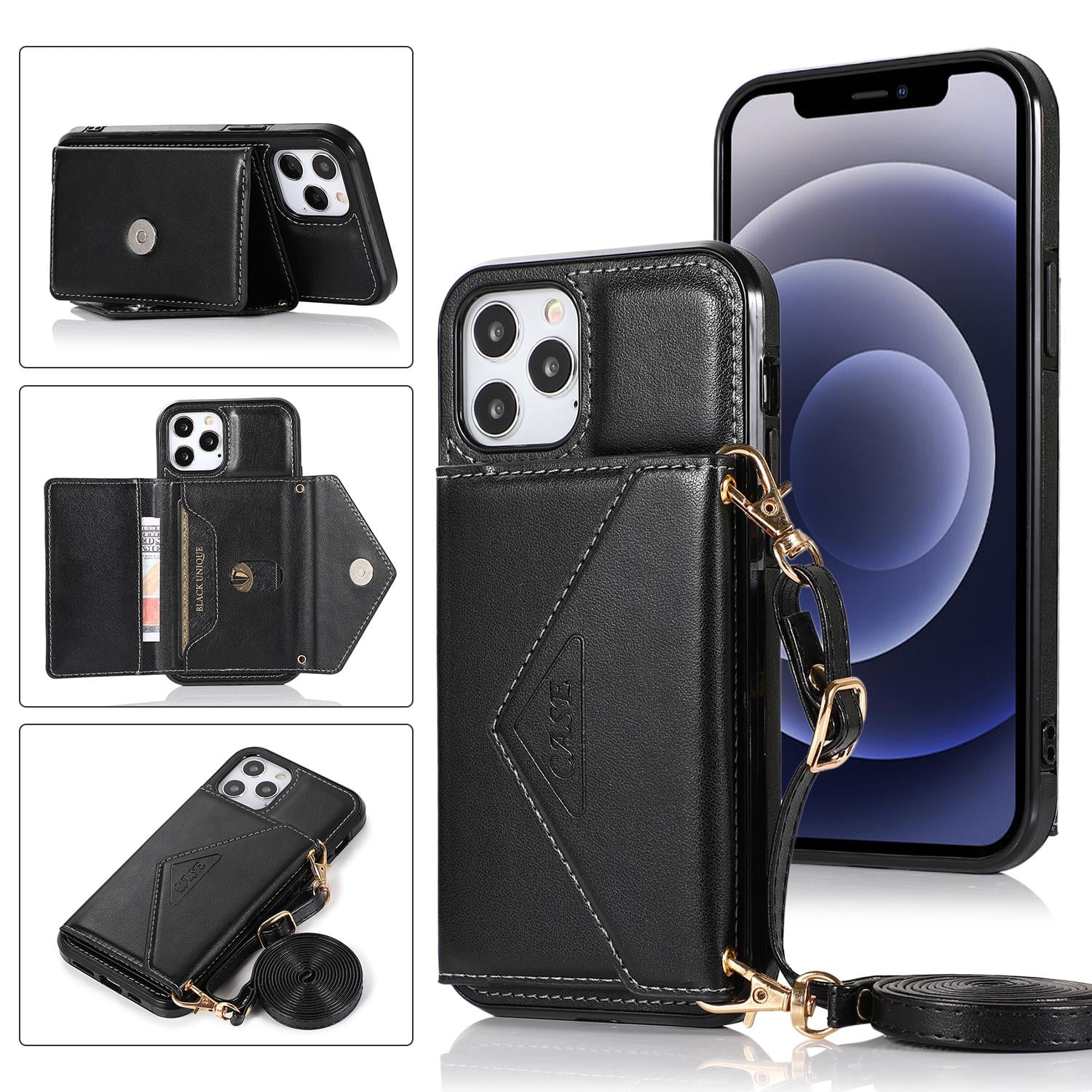 Women Crossbody Wallet Phone Case for iPhone 15 Pro with Lanyard Shoulder Strap Card Holder