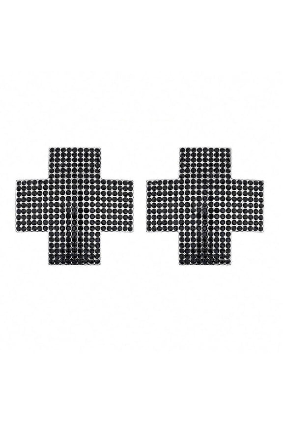 Women Crosses Shape Rhinestones Breast Stickers Alloy Nipple Covers Pasties Body Chain Jewelry for Party and Dance Event Black