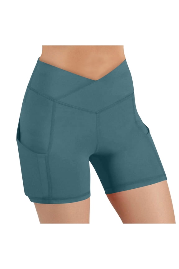 Women Crossover Biker Shorts Athletic Scrunch Butt Workout Running Shorts Stretch with Side Pockets Blue, S