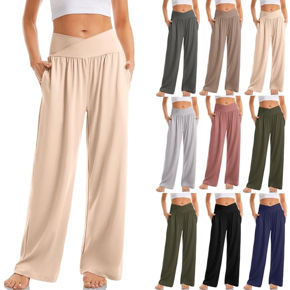 Women Crossover High Waist Wide Leg Yoga Pants Venetian Solid Color Casual Sports Trousers With Side Pockets Green 3XL