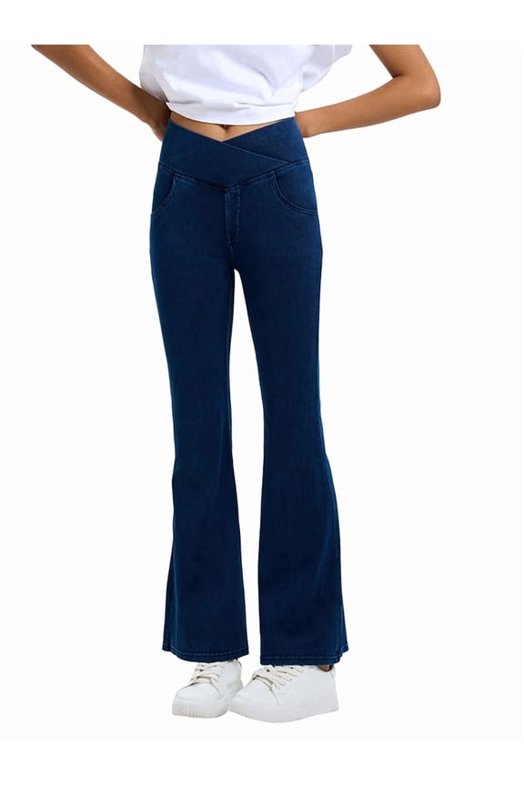 Women Crossover High Waisted Stretchy Bootcut Jeans Slim Fit Denim Yoga Leggings with Pockets L