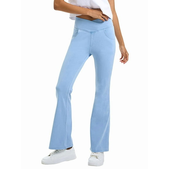 Women Crossover High Waisted Stretchy Bootcut Jeans Slim Fit Denim Yoga Leggings with Pockets Light Blue XXL