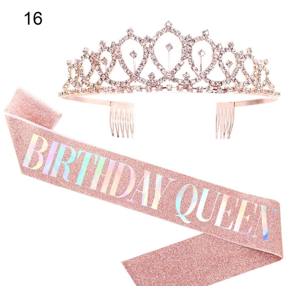 Women Crown, Rhinestone Alloy Fabric Tiara Headband for Birthday Party (1 x Tiara Headband+1 x Satin Sash)
