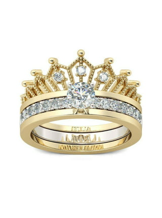 2 Pieces Princess-Queen-Crown Ring Set Princess-Crown Promise Wedding Rings Engagement Castle Ring