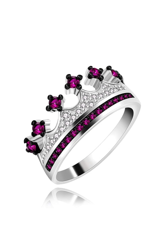 Women Crown Tiara Rings Queen Exquisite White Gold Plated Princess Tiny CZ Accented Promise Rings for (red, size 7)