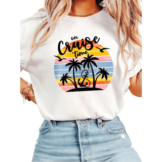 Women Cruise Time Palm Tree Sunset Graphic Tees T-Shirt Tops Round Neck Cotton T-Shirt White S-5XL