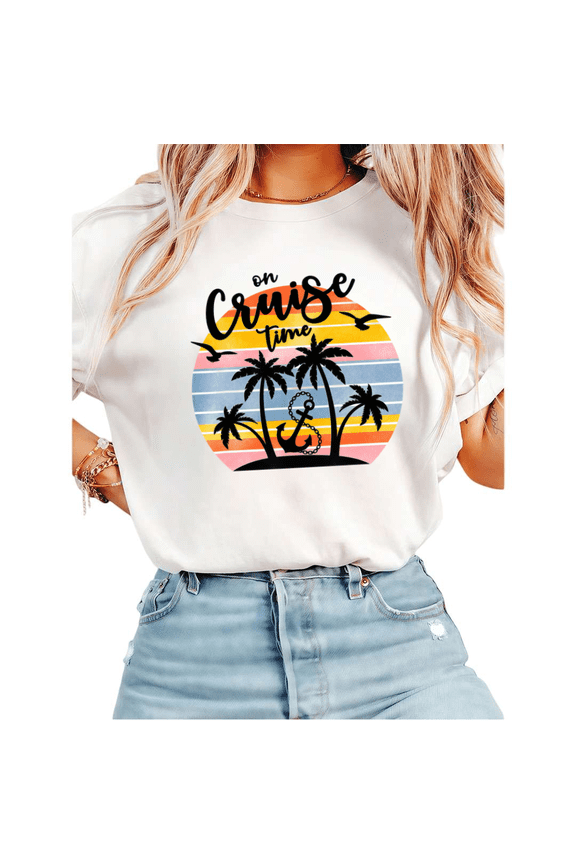 Women Cruise Time Palm Tree Sunset Graphic Tees T-Shirt Tops Round Neck Cotton T-Shirt White S-5XL