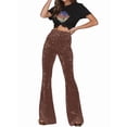 thumbnail image 1 of Women Crushed Velvet High Waisted Comfy Soft Stretch 70s Bell Bottom Flare Pant Brown L, 1 of 5