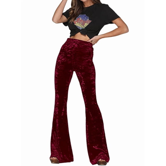 Women Crushed Velvet High Waisted Comfy Soft Stretch 70s Bell Bottom Flare Pant Wine Red L