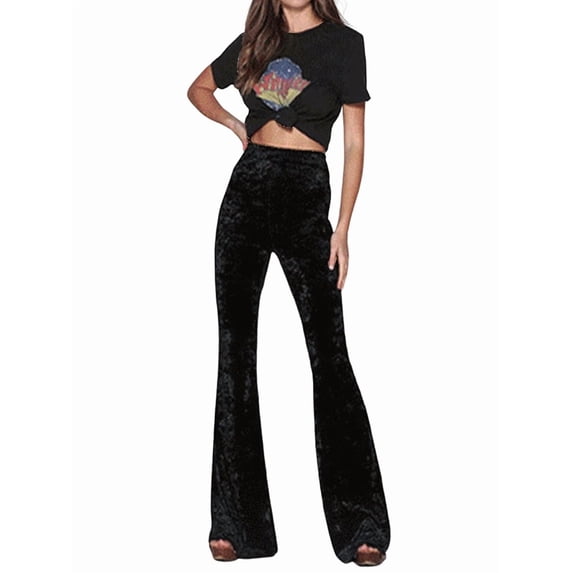 Women Crushed Velvet High Waisted Comfy Soft Stretch 70s Bell Bottom Flare Pant