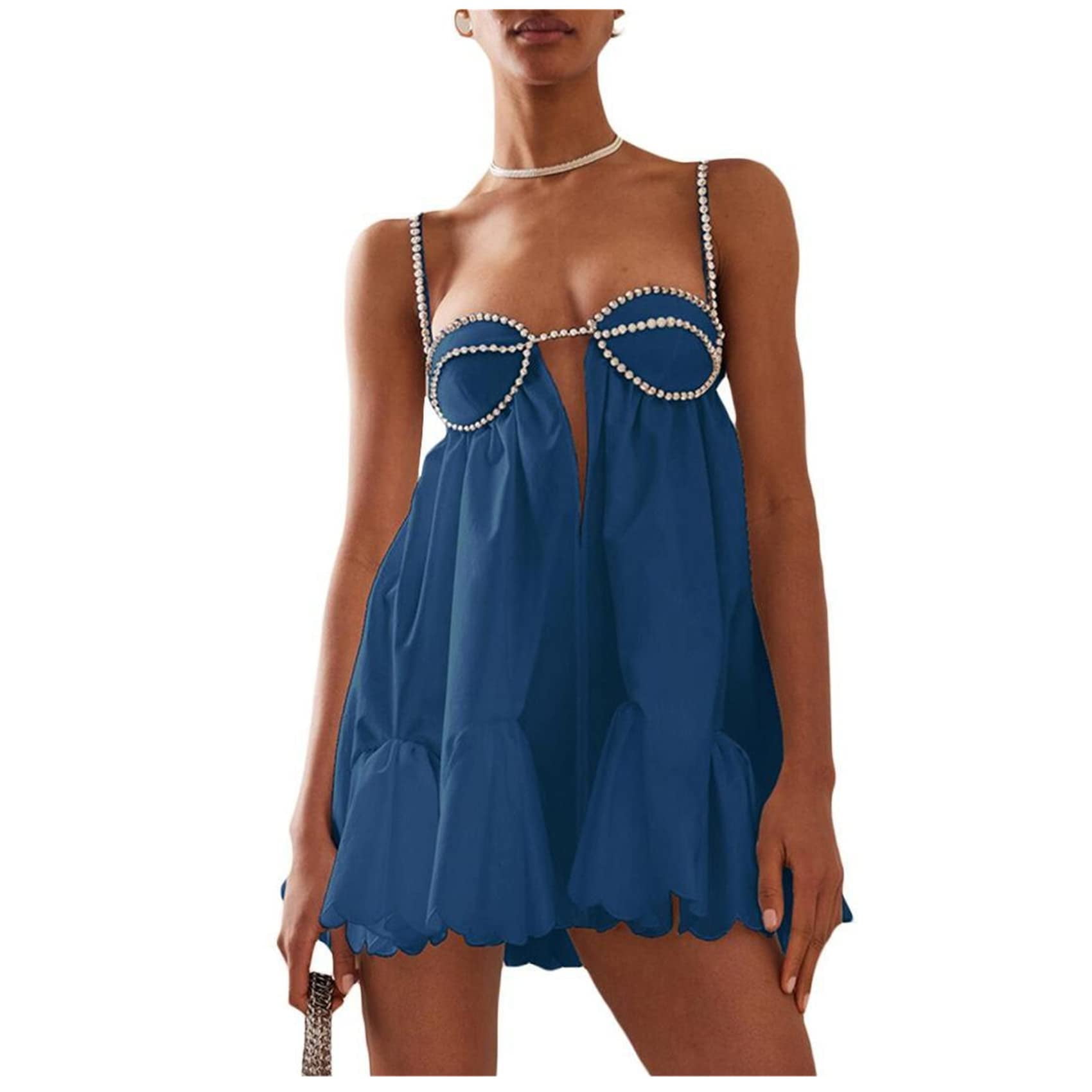 Sunisery Women's Summer Slip Dress Spaghetti Strap Rhinestone Decoration  Low Cut Slim Fit Midi Dress