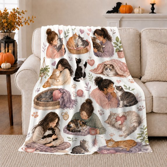 Women Cuddling Cats Among Cozy Domestic Vignettes, Soft Flannel Blanket with Cozy Watercolor Vignettes Print, Housewarming Gift and Home Decor for Bedroom and Living Room