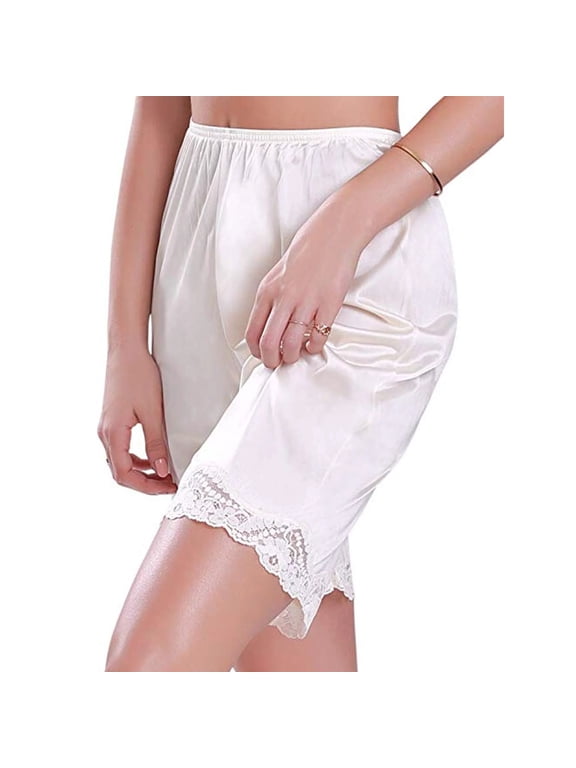 Women Culotte Half Slips Satin Bloomer Pettipants Under Dresses Lace Trim Pants Elastic Waist Liner Slip Shorts Beige M