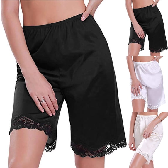 Women Culotte Half Slips Satin Bloomer Pettipants Under Dresses Lace Trim Pants Elastic Waist Liner Slip Shorts Beige M