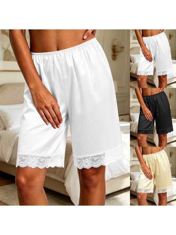 Women Culotte Shorts Lace Satin Bloomer Pettipants | Half Under Dresses Elastic Waist Lace Hem Short Bloomers Pants Silk Liner Culottes Pantaloons for Under Skirt