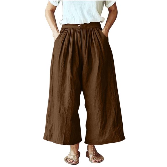 Women Culottes Pants, Summer Boho Wide Leg High Waist Casual Loungewear Solid Color Capris Pants with Pockets Beach Trousers Ladies Chino Pants Brown L
