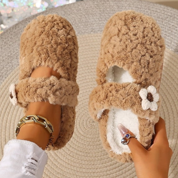 Women Curly Fleece Crochet Flower Mary Jane Backless Mule Slippers Brown 7.5-8.5