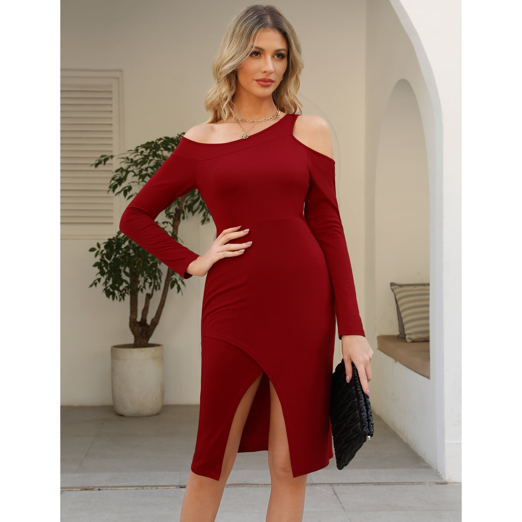 Women Cut Out Dress Elasticity Slim Fit Side Slit Sexy Dress Long ...