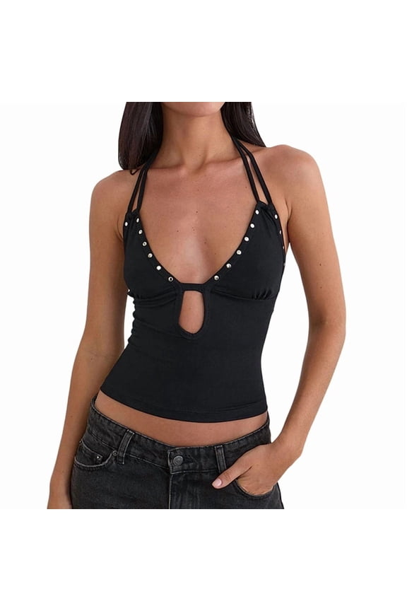 Women Cut Out Halter Top Low Cut Peplum Ruffle Going Out Camisole Backless Tank Party Tops Black S