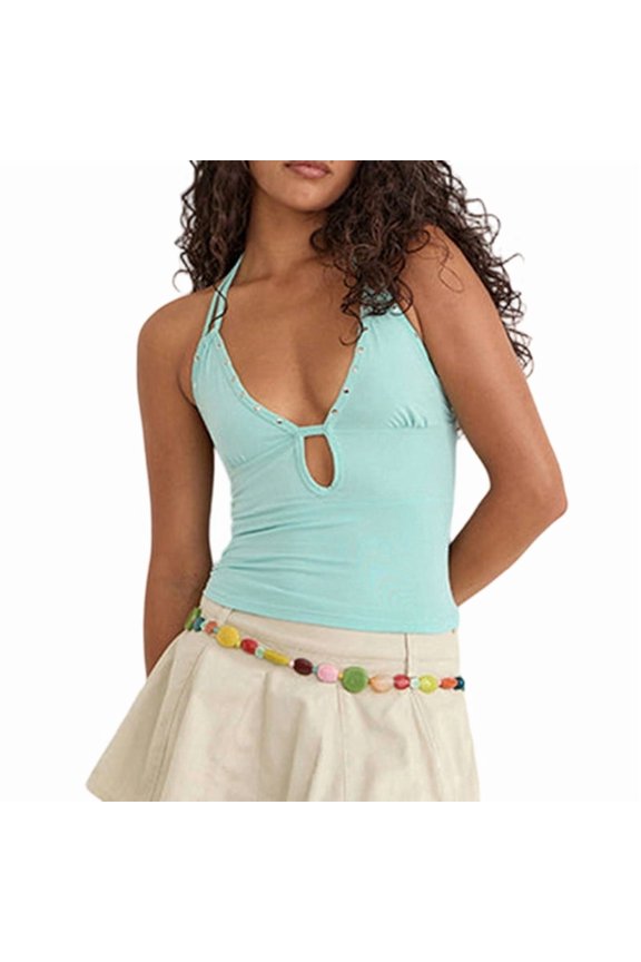 Women Cut Out Halter Top Low Cut Peplum Ruffle Going Out Camisole Backless Tank Party Tops Light Green S