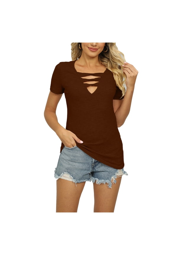 Women Cut Out V Neck Top Short Sleeve Summer T Shirt Casual Slim Fit for Daily Life Office Wear Brown XXL Bienvenido