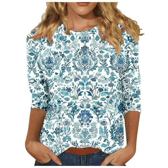 Women Cute 3/4 Sleeve Tops Floral Butterfly Printed Tunic Tshirts Crewneck Casual Shirts Basic Tees