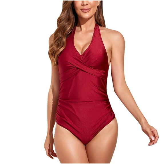 Women Cute American Flag Swimwear Halter One Piece Slimming Vintage Retro Swimsuit Womens Ruched Push Up Bathing Suit