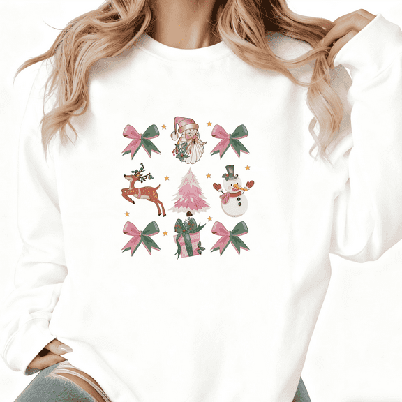 Women Cute Animal Graphic Tee T-Shirt Pink Christmas Santa Snowman Print Top Trendy Round-neck long-sleeved white S-3XL