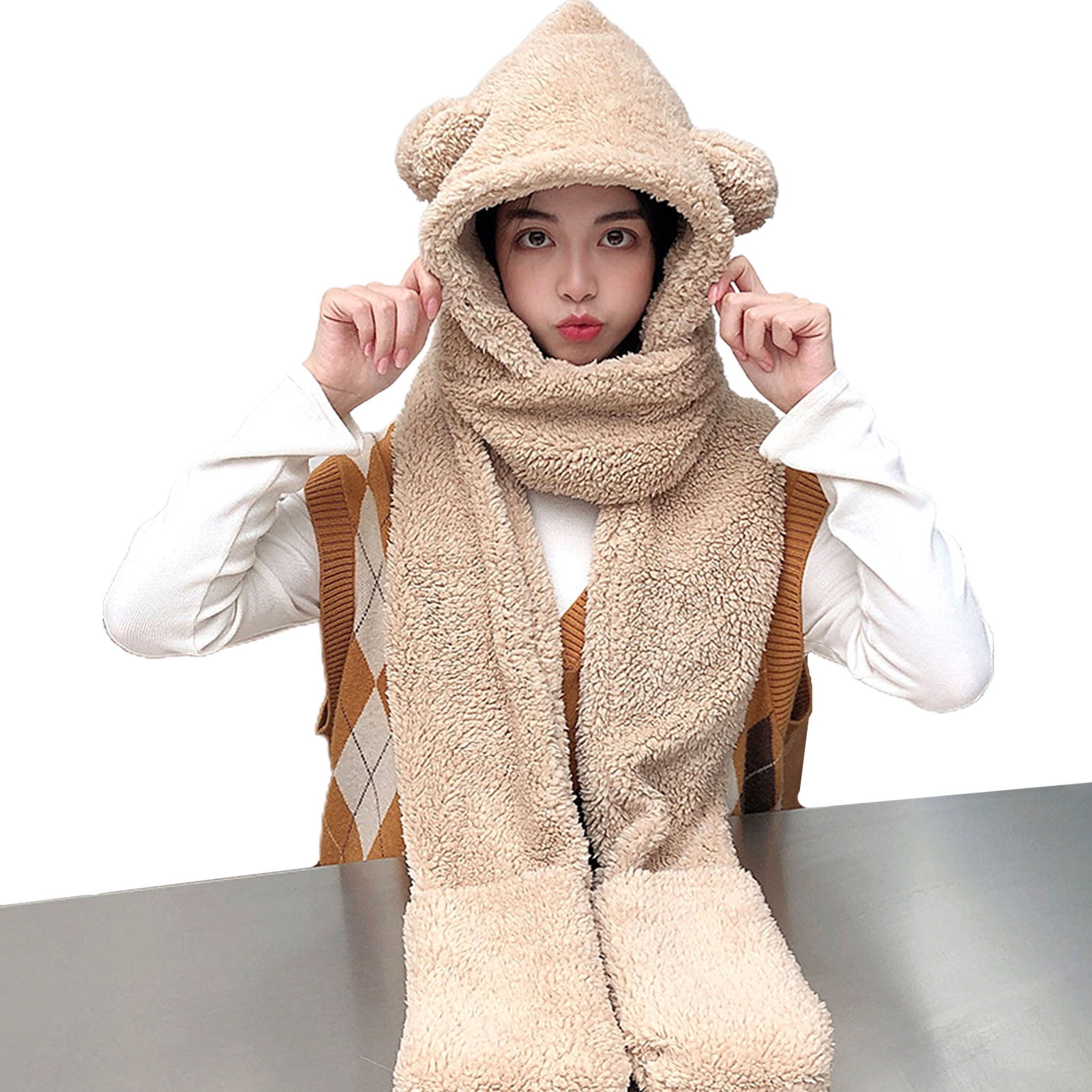 3-in-1 Set ​​Hooded Scarf Hat Gloves Bear Ears Hat with Mittens​​ Bear Hoodie With Ears Winter Bear Ears Hood Scarf Set  main image 3