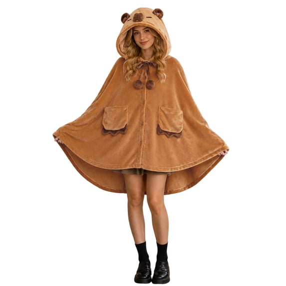 Women Cute Bear Hooded Wearable Blanket Poncho, Soft Fuzzy Flannel Button‑Front Cape Shawl with Pockets(Coffee,One Size)