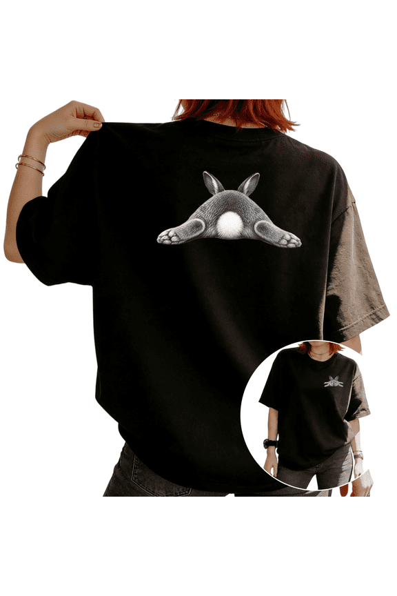 Women Cute Bunny Butt Front And Back Graphic Tees T Shirt Tops Round Neck Cotton T Shirt Black S-5XL
