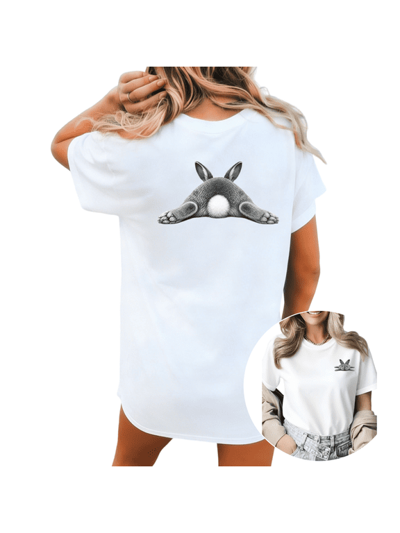 Women Cute Bunny Butt Front And Back Graphic fun Tees T Shirt Tops Round Neck Cotton T Shirt White S-5XL