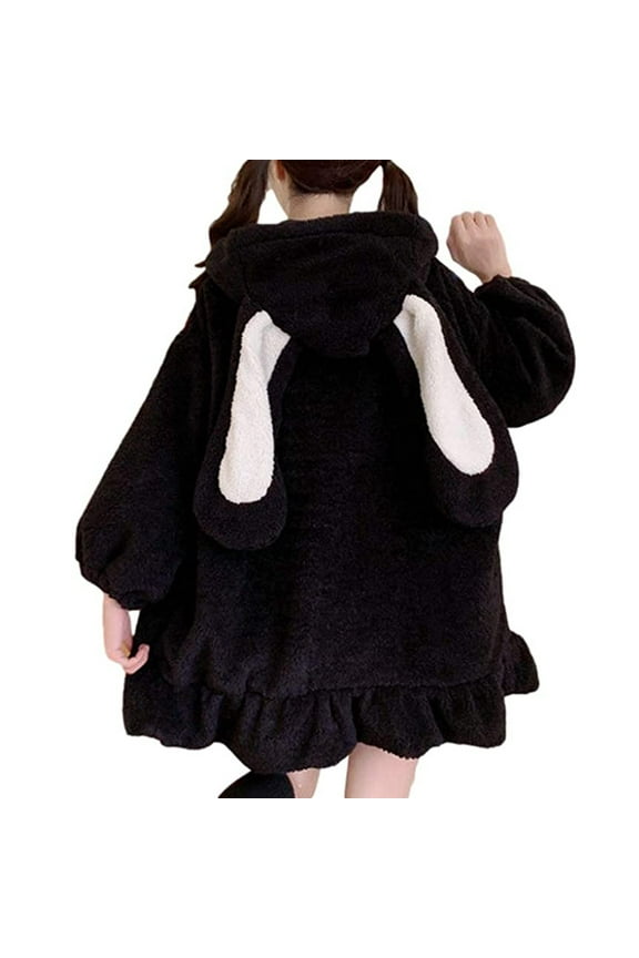 Women Cute Bunny Ear Hoodies Long Sleeve Fuzzy Fluffy Rabbit Tops Sweet Lovely Sweatshirt Hoodie Winter Coats Black